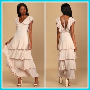 NWT Lulu's Tiering Up My Heart Shiny Blush Pink Ruffled Maxi Dress